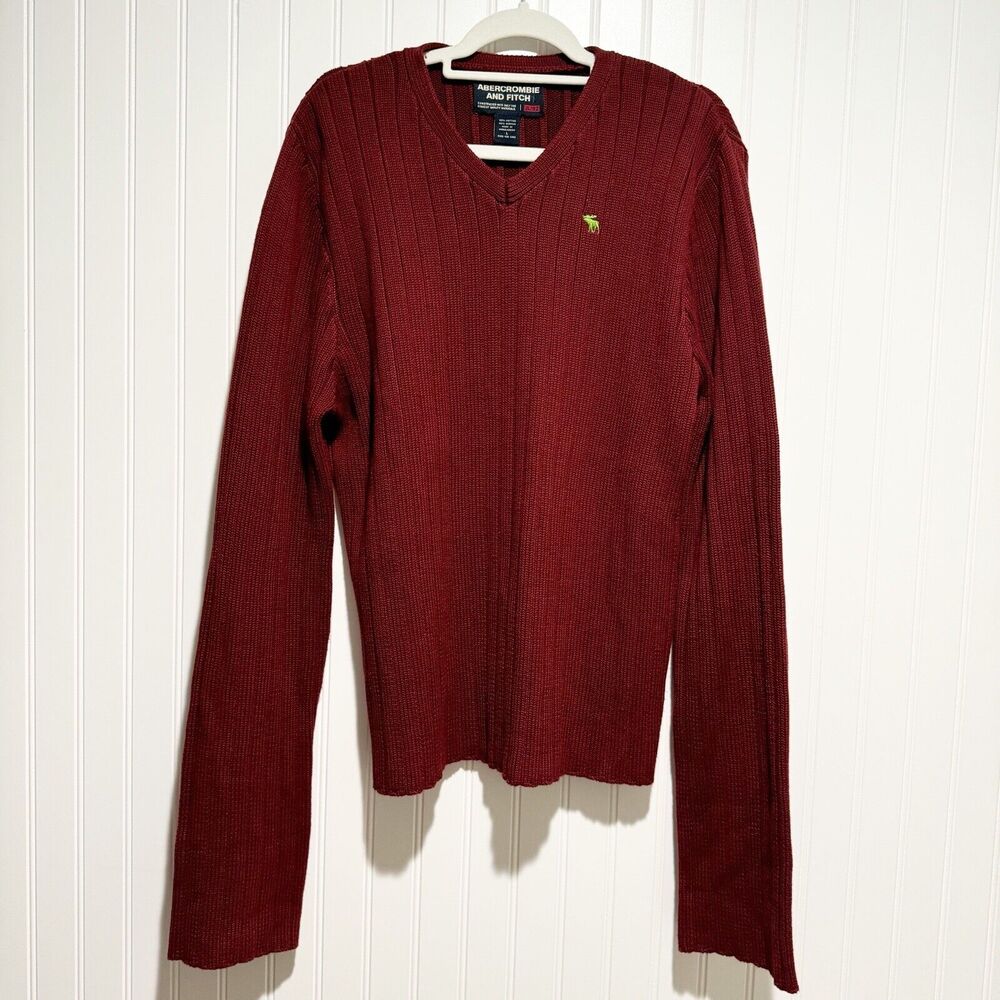Vintage Y2K Abercrombie Fitch V Neck Sweater Ribbed Maroon Cotton Mens Large - Picture 1 of 5